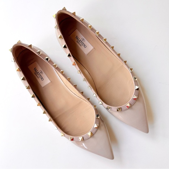 Valentino Garavani Rockstud Pointed Toe Flats Nude Beige Patent Leather 38.5 - Picture 9 of 15